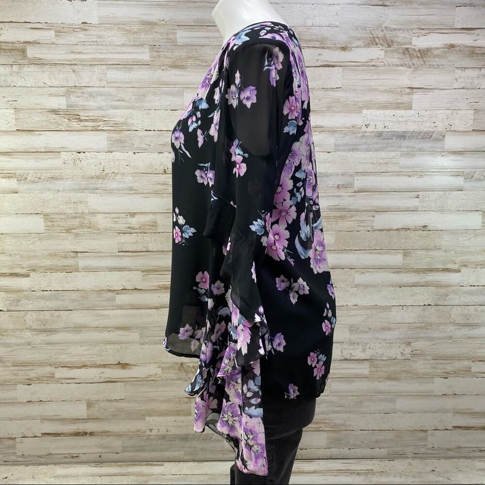 Nanette Lepore Zen Silk Floral Blouse Womens Size S Purple Black Bell Sleeve - Picture 6 of 16